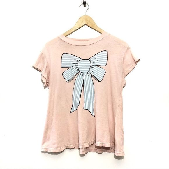 WILDFOX Blush Pink Tee with Stripe Bow Graphic on Front Tie Size S - Picture 9 of 9